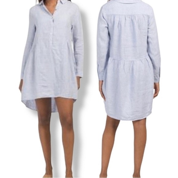 H by Halston Dresses & Skirts - H By Halston Linen High Low Long-sleeve Dress Pockets Blue - XL